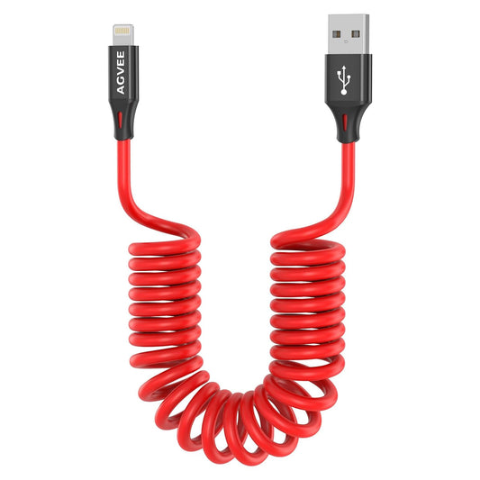 AGVEE 2 Pack 3ft Coiled Short USB to Lightning Charging Cable [MFI Certified] 3A Fast Charger Cord in Car for iPhone 14/13/12/11/XS/8/7/6/5 CarPlay, iPad, iPod, Red