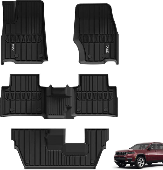 3W Floor Mats Fit for Jeep Grand Cherokee L 7 Seat 2021-2025 All Weather TPE Custom Fit Floor Liner for 1-3 Rows Full Set Car Mats Black(NOT Fit for 6-Passenger)