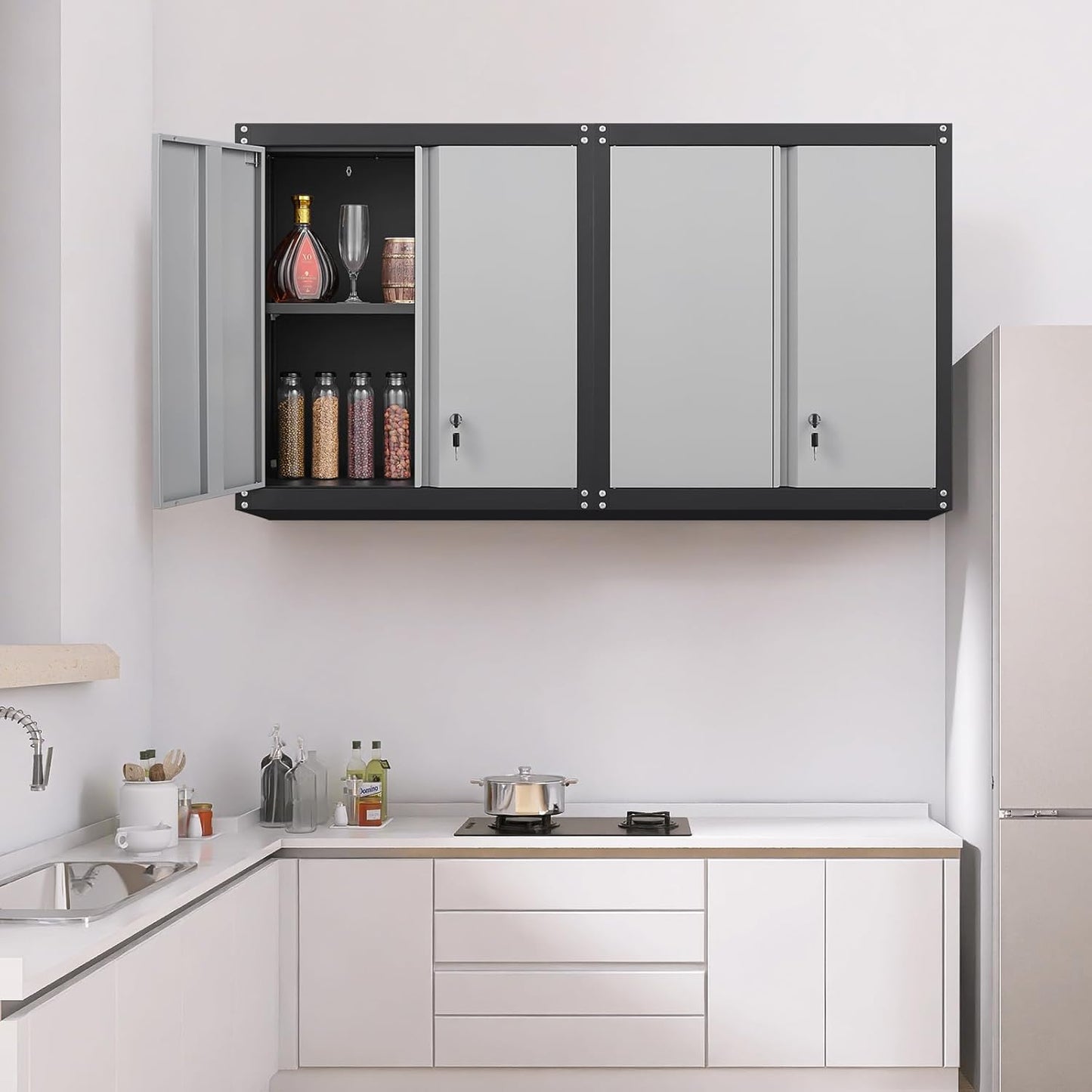 GREATMEET Lockable Storage Cabinet, Metal Garage Storage Cabinets, Metal Wall Cabinet for Garage, Wall Mount Cabinet with Lock and Adjustable Shelf, Floating, Black&Grey