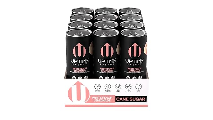 UPTIME Energy – White Peach Lemonade - Cane Sugar (12 Pack), Premium Energy Drink, 12oz Cans, Natural Caffeine, Sparkling, Natural Flavors