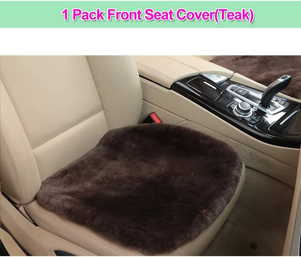 Fluffy Genuine Australia Sheepskin Car Seat Cover for Auto Interior Accessories with Soft Fuzzy Wool Eco-Friendly Natural Fur Non-Slip (Teak, Front)