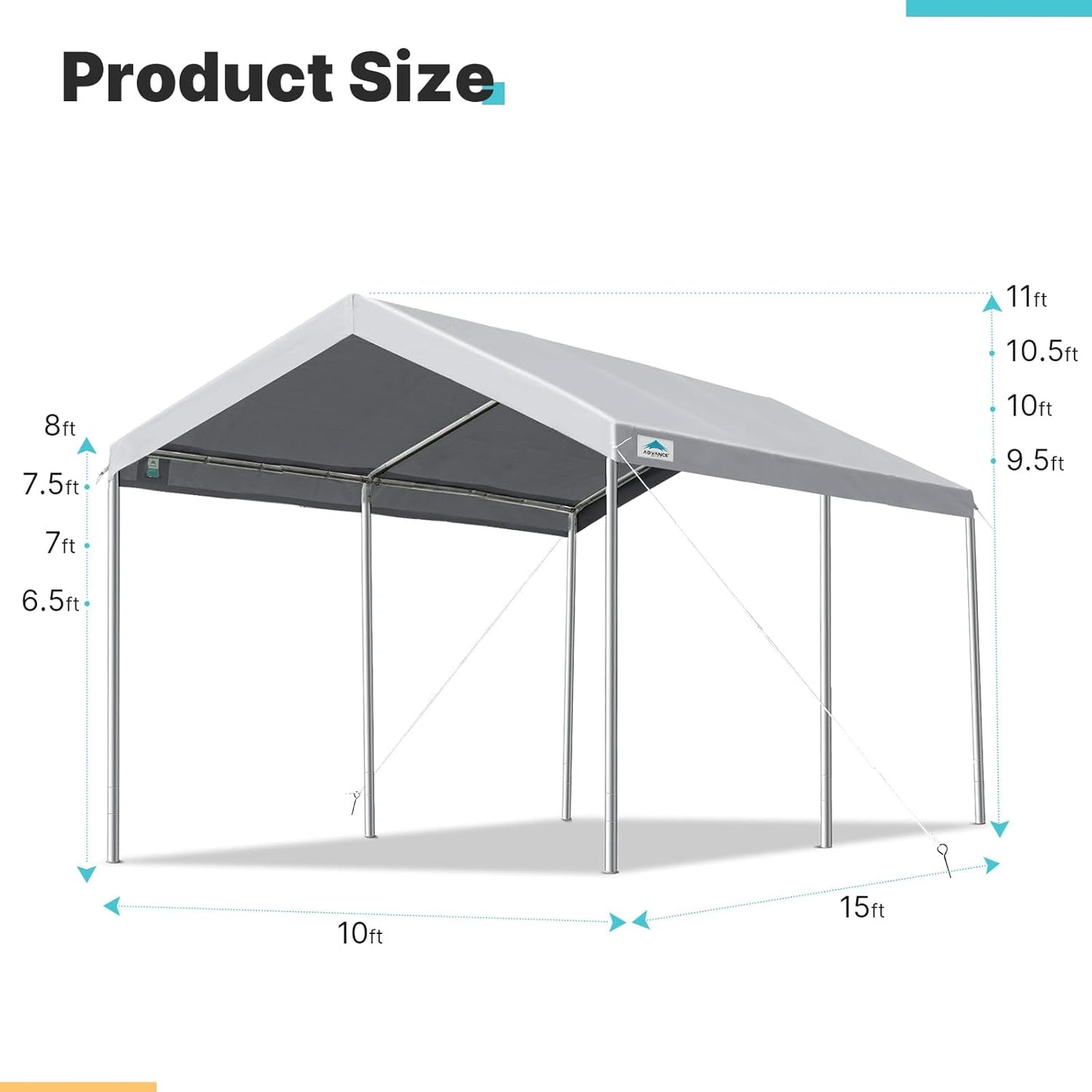 ADVANCE OUTDOOR Adjustable 10x15 ft Heavy Duty Carport Car Canopy Garage Boat Shelter Party Tent, Adjustable Height from 9.5 ft to 11 ft, Gray