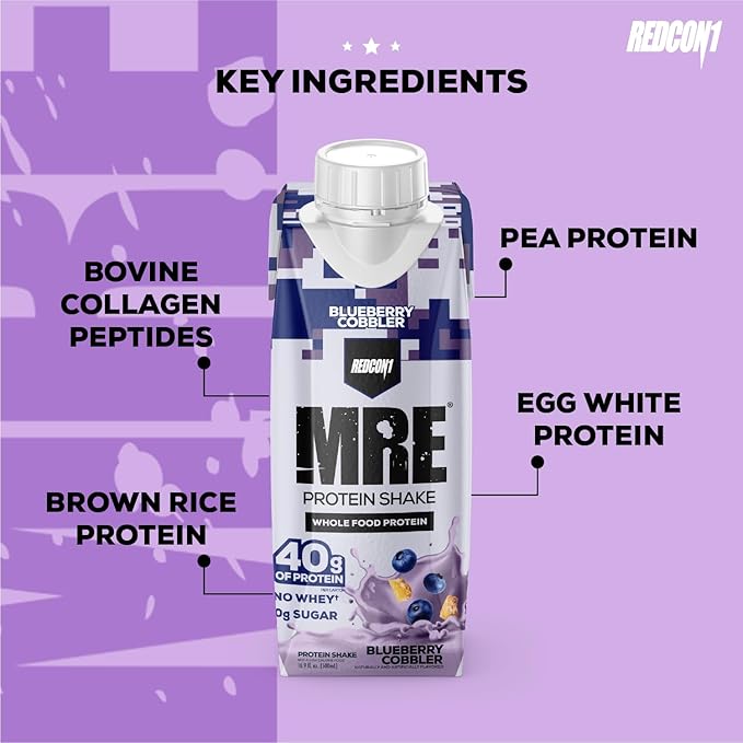 REDCON1 MRE Ready to Drink Protein Shakes, Blueberry Cobbler - Lactose + Whey Free RTD Protein Made with Real Whole Food Protein Blends - Keto-Friendly and Easy to Digest Nutritional Shake (12 Pack)