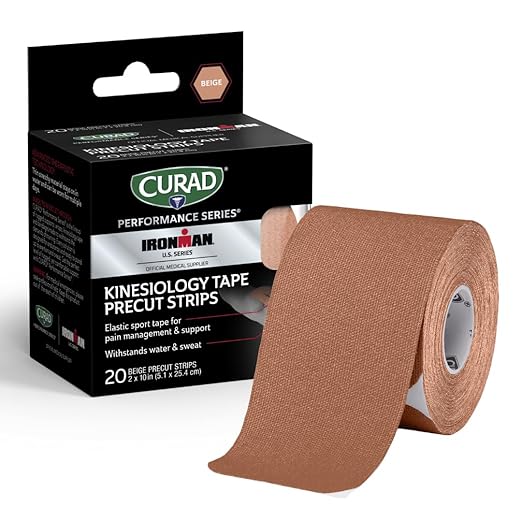 CURAD Performance Series IRONMAN Kinesiology Tape, Pain Management Technology, Sweat & Water-Resistant Athletic Tape, Compression Support for Joints & Muscles, Beige, 2 x 10 inches, 1 Roll (20 Strips)