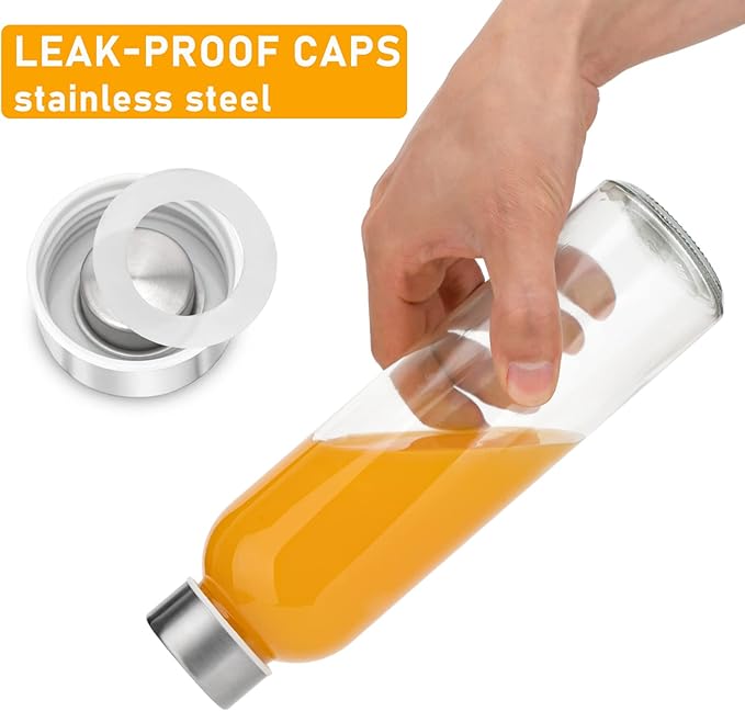 [12 Pack]18 oz Glass Water Bottles with Lids, Juice Bottles, Clear glass juice bottle for juicing, Eco-Friendly Reusable Glass Juicing Bottles with Stainless Steel Lid, BPA Free,Leak-Proof