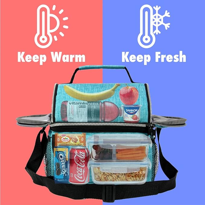 OPUX Lunch Box for Men, Adult Lunch Box Cooler, Insulated Lunch Bag Women, Dual Compartment Lunchbox for Work, Leakproof Double Decker Lunch Bag, Soft Lunch Pail Tote Boys Girls Kids School, Teal Blue