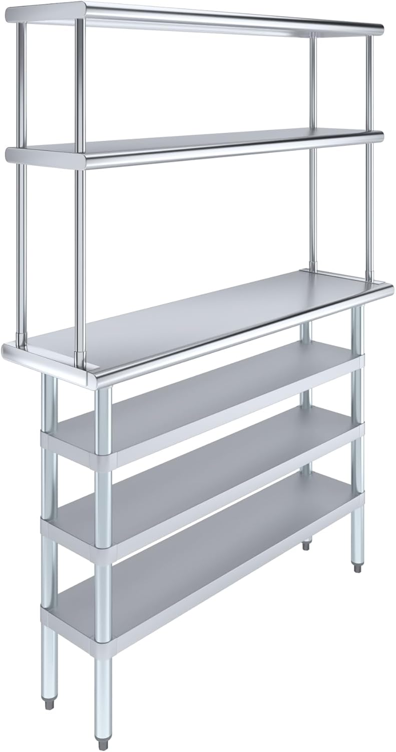 Amgood 14" x 48" Stainless Steel Work Table with 3 Shelves and 12" Wide Double Tier Overshelf | Metal Kitchen Prep Table & Shelving Combo | NSF