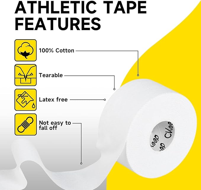 CKeep Athletic Tape,4 Pack White Sports Tape, Very Sturdy No Glue Residue,Wrist Ankle Tape for Muscle,Climbing,Boxing,Athletes,Baseball Bats,Strains,Sprains,Injuries（1.5 Inches）