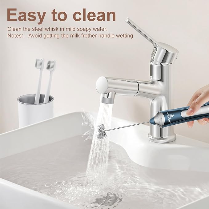 Rechargeable Frother Wand with Stand, Milk Frother with Detachable Stainless Steel Double Rings Whisk, 3-Speed Handheld Electric Drink Mixer for Lattes, Cappuccino, Coffee (Dark Blue)