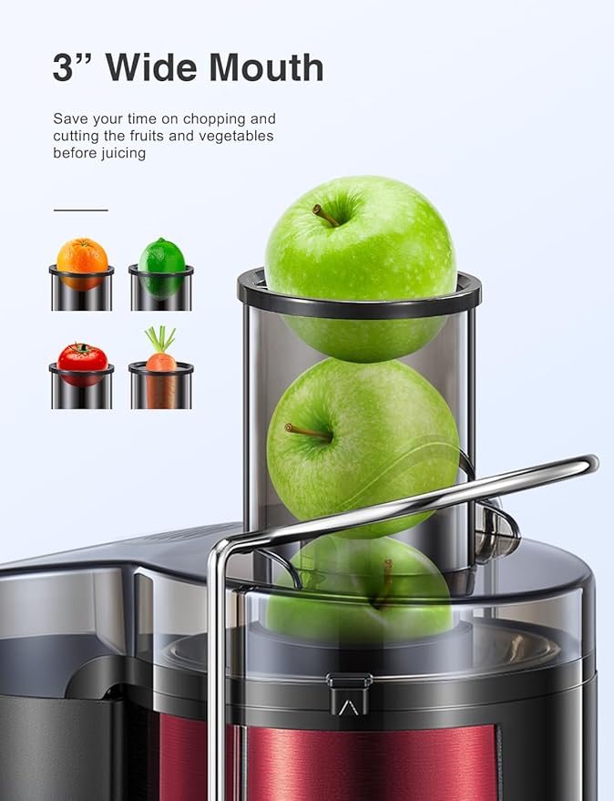 QCen Juicer Machine, 800W Centrifugal Juicer Extractor with Wide Mouth 3” Feed Chute for Fruit Vegetable, Easy to Clean, Stainless Steel, BPA-free (Metallic Red)