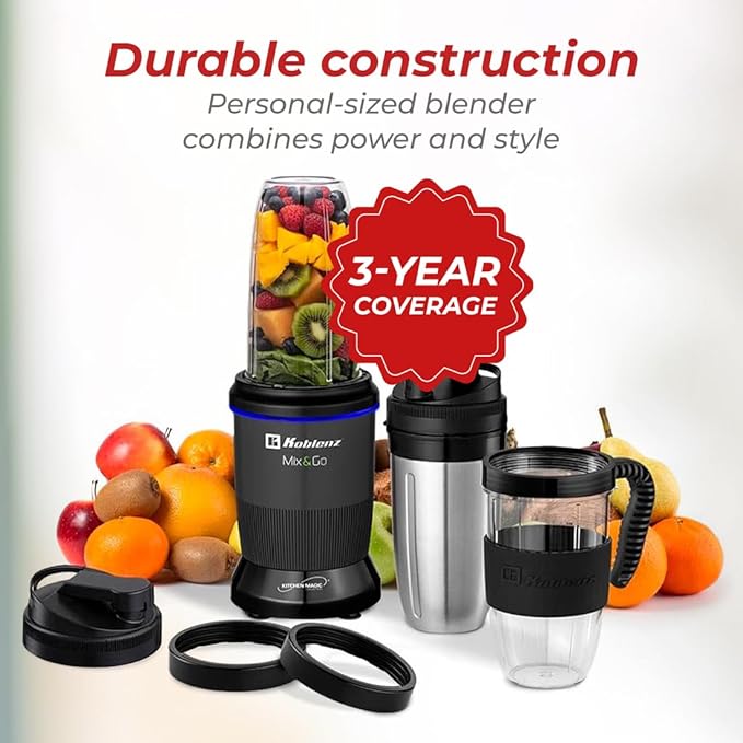 Koblenz Mix&Go Personal Blender, Portable Size Blender for Shakes and Smoothies, 1000w Motor, Includes Stainless Steel To-Go Cup and Tritan To-Go Cup, 12 Accessory Kit, Grey