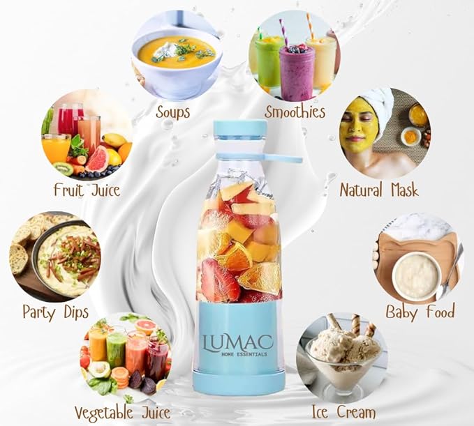 LUMAC - Portable Blender for Smoothies - Licuadora Portatil - 14oz Mini Blender for Shakes and Smoothies - Personal Blender for Shakes and Smoothies - USB Blender Portable - Shaker. (Blue)