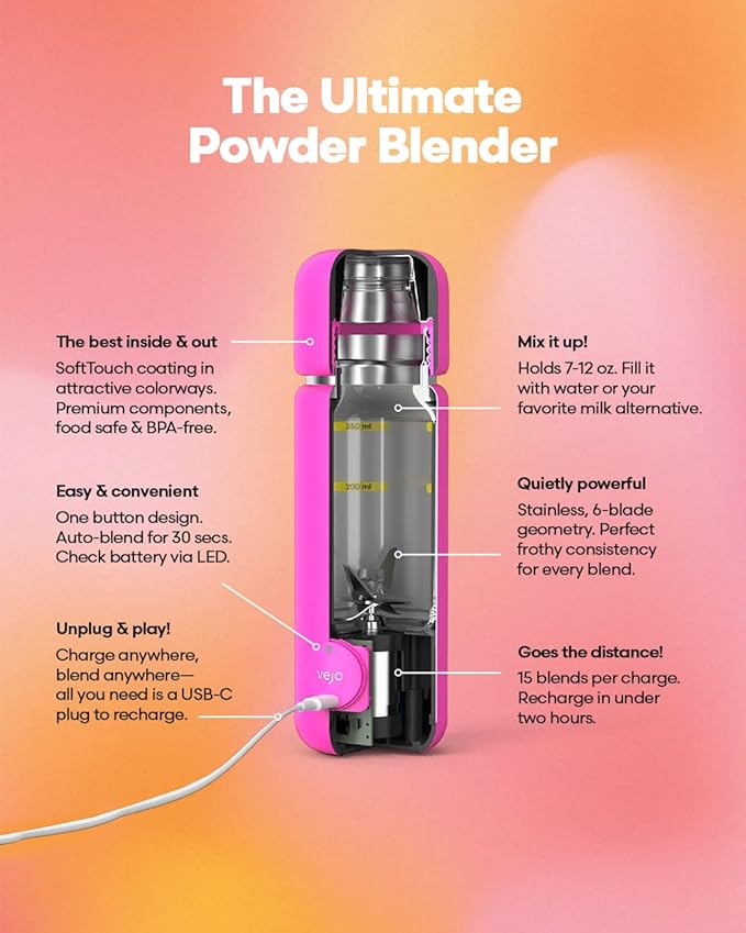 Vejo Personal Blender Powder-Powered Blending System | No Shaking | No Clumps | No Prep | Easy One-Button Design | USB Rechargeable Blender | Grey