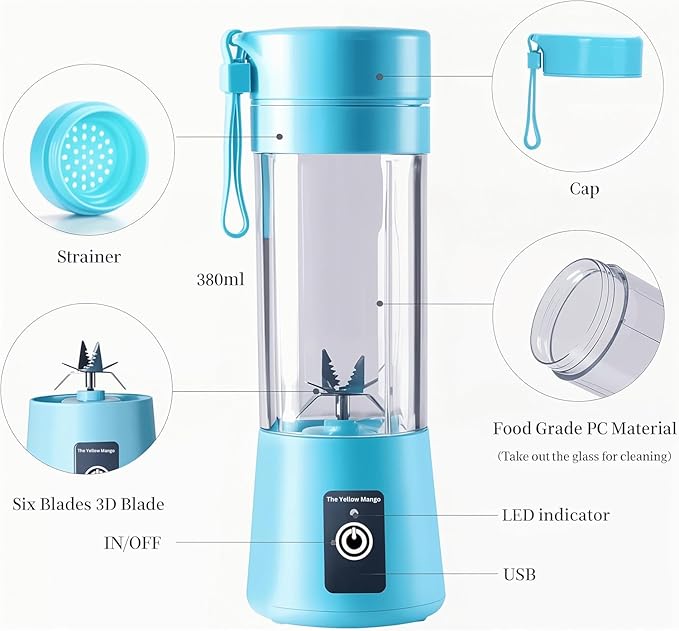 Portable Blender,Mini 6-blade Mixer for Smoothie,Milkshake, Juice, Mobile Hand juicer With USB Rechargeable For Travel, office, picnic, fitness (Blue)