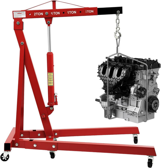 2 Ton Hydraulic Engine Hoist, Folding Engine Lift with 6 Wheels, Heavy Duty Steel Shop Engine Crane, Cherry Picker Engine Hoist for Garage, Workshop, 4400 LBS (Red, 2 Ton)