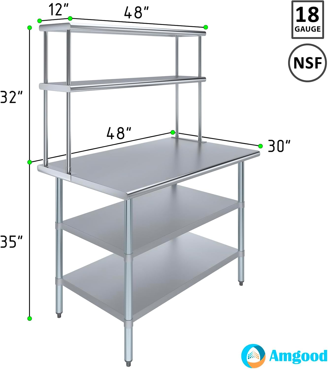 Amgood Stainless Steel Work Table with 2 Shelves | 30" x 48" Table with 2 Shelves + 12" Overshelf