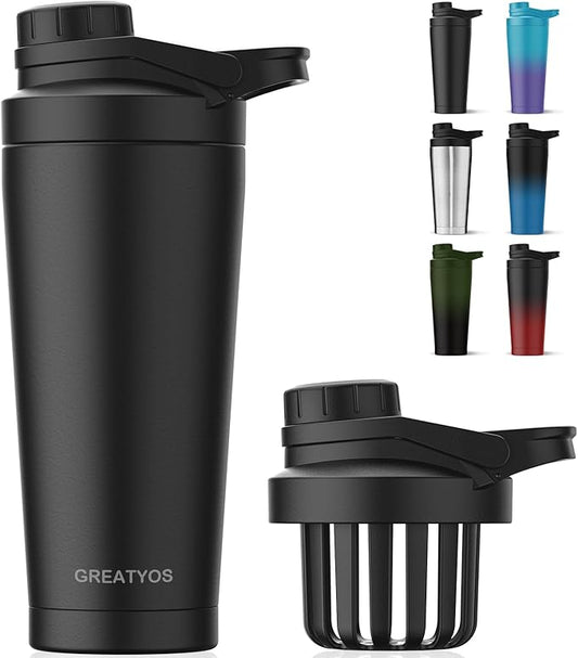 Stainless Steel Shaker Bottle with Noise-Free Design - Patented 24 oz Insulated Metal Shakers Bottles Cup for Protein Mixes and Pre Workout 100% Leak Proof (Black)