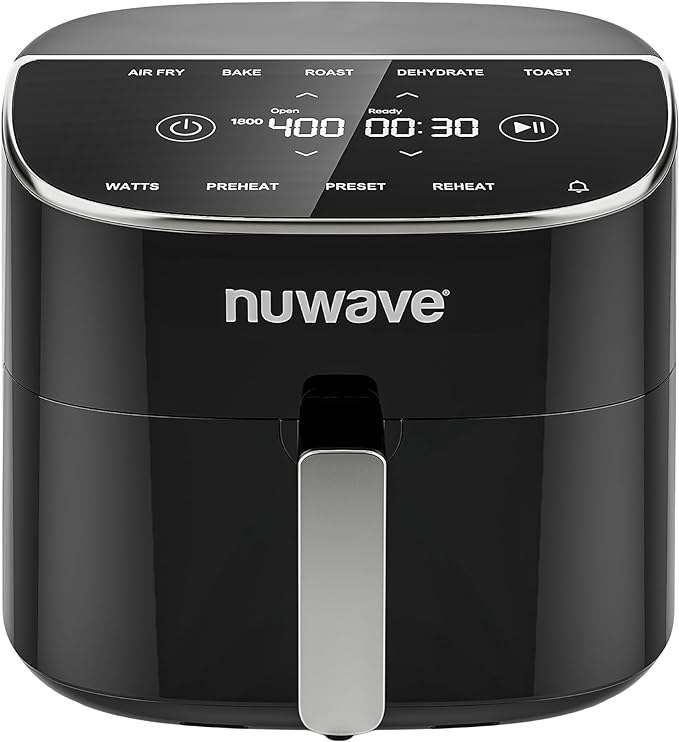Nuwave Brio Plus 8 Qt Air Fryer, PFAS Free, New & Improved, Digital Touch Screen, Cool White Display, 50°F~400°F in Precise 5°, 5 Cook Functions, 100 Presets & 50 Memory, 3 Wattages 700, 1500, 1800