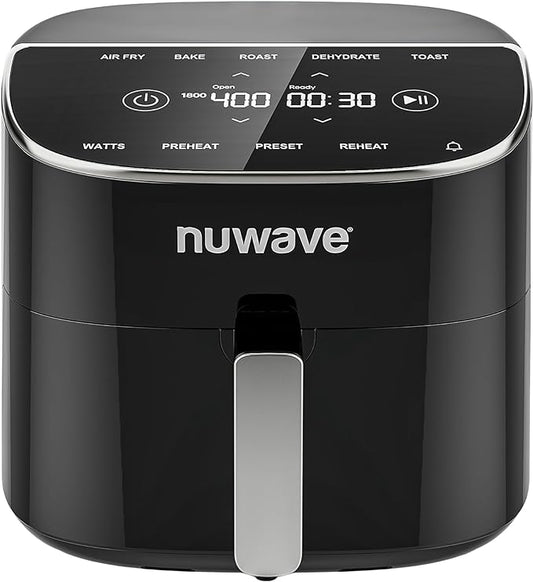 Nuwave Brio Plus 8 Qt Air Fryer, PFAS Free, New & Improved, Digital Touch Screen, Cool White Display, 50°F~400°F in Precise 5°, 5 Cook Functions, 100 Presets & 50 Memory, 3 Wattages 700, 1500, 1800