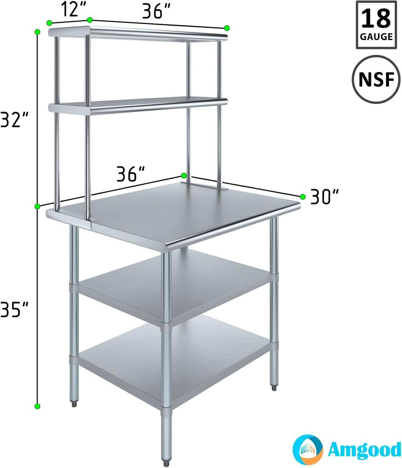 Amgood Stainless Steel Work Table with 2 Shelves | Metal Kitchen Prep Table & Shelving Combo (30" x 36" Table with 2 Shelves + 12" Overshelf)