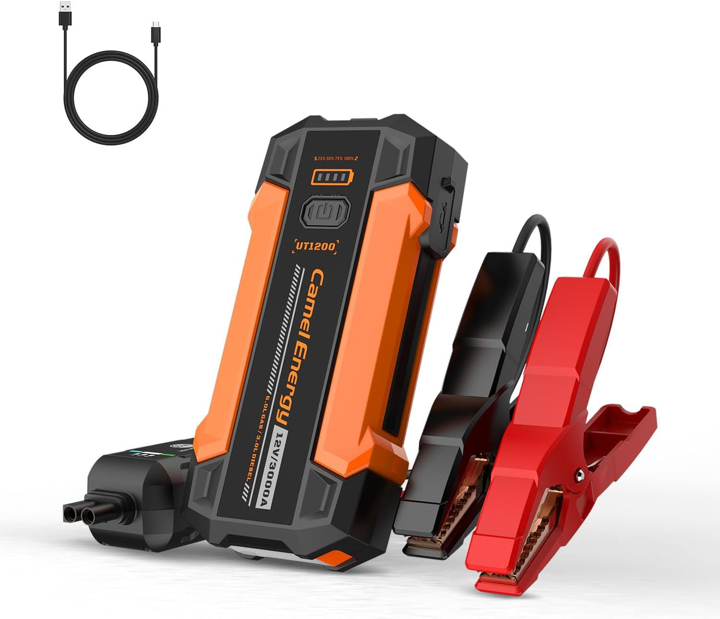 Portable Jump Starter 3000A Peak Car Battery Pack, 12V Jump Box up to 9.0L Gasoline and 7.0L Diesel Engine with Lights and Jumper Cable, 500 Lumen Lights