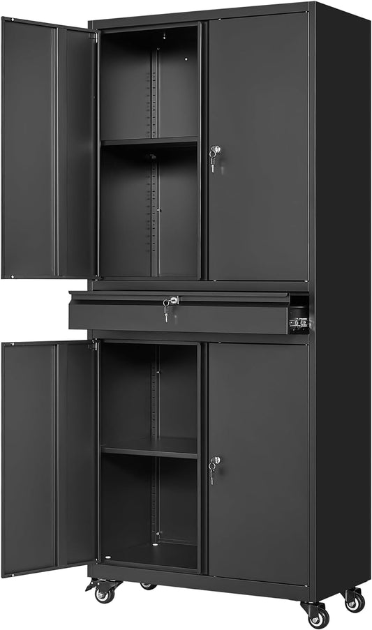Yizosh Metal Garage Storage Cabinet with Locking Doors and Adjustable Shelves, 73" Rolling Tool Storage Cabinet with 4 Wheels and 1 Drawer for Garage,Warehouse (Black)