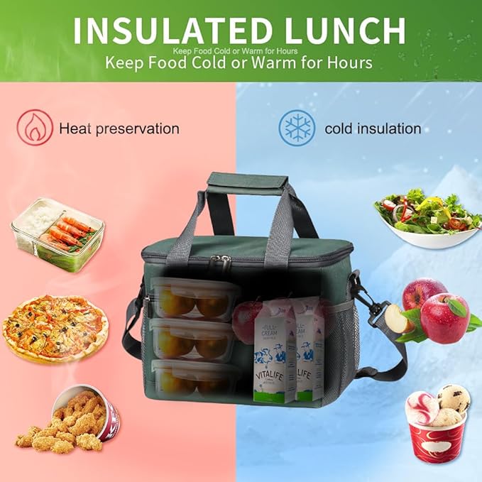 iknoe Large Foldable Cooler Bag, 8.5L Insulated Lunch Bag, Leakproof Lunch Cooler Tote with Multi-Bag Design Suitable for Beach, Picnic and Office Use, Grayish Green 15-Can