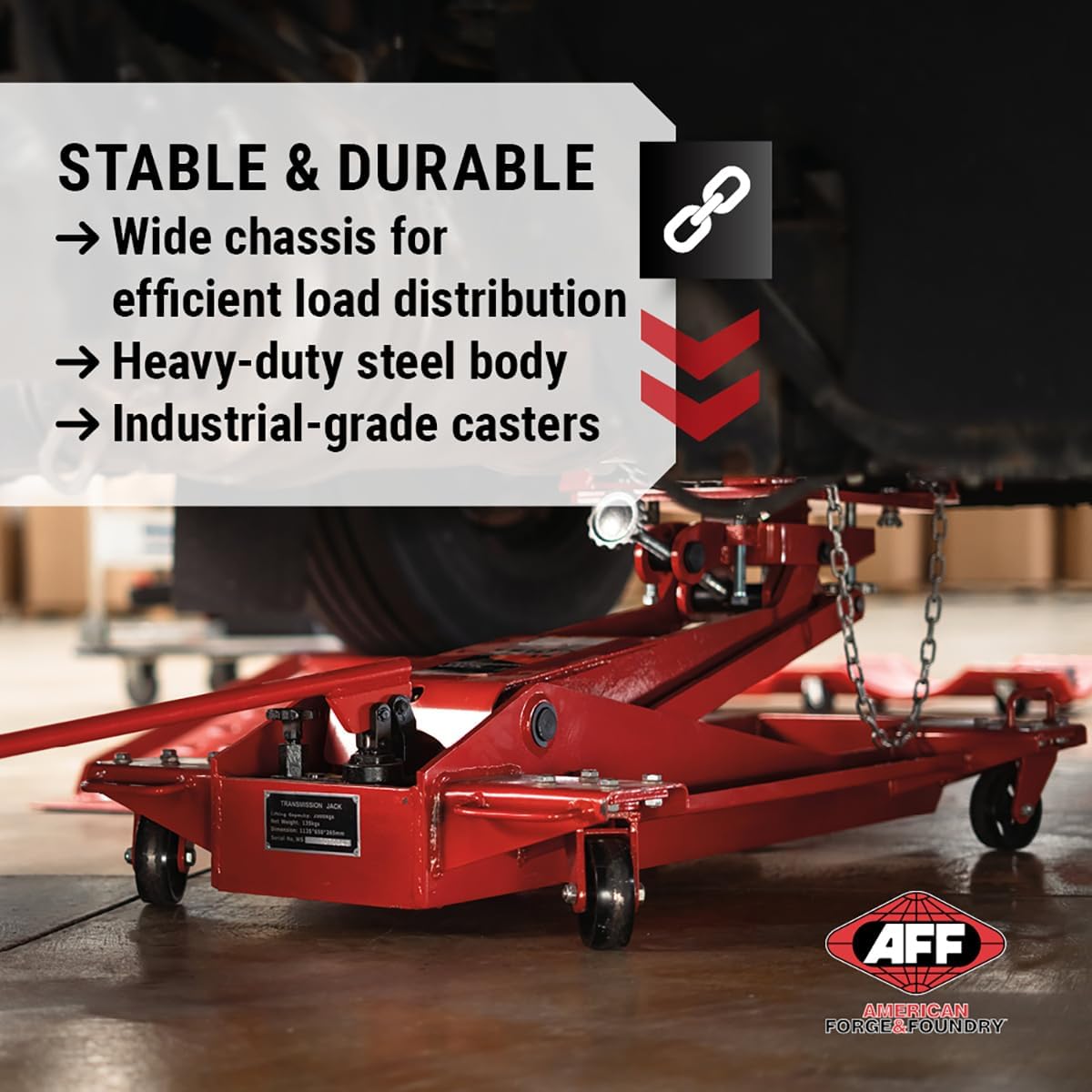 AFF Low Profile Manual Hydraulic Transmission Jack - Heavy Duty Steel Body, Adjustable Saddle with Safety Chain & 360 Handle - For Transmissions, Transfer Cases & Differentials (Multiple Capacities)