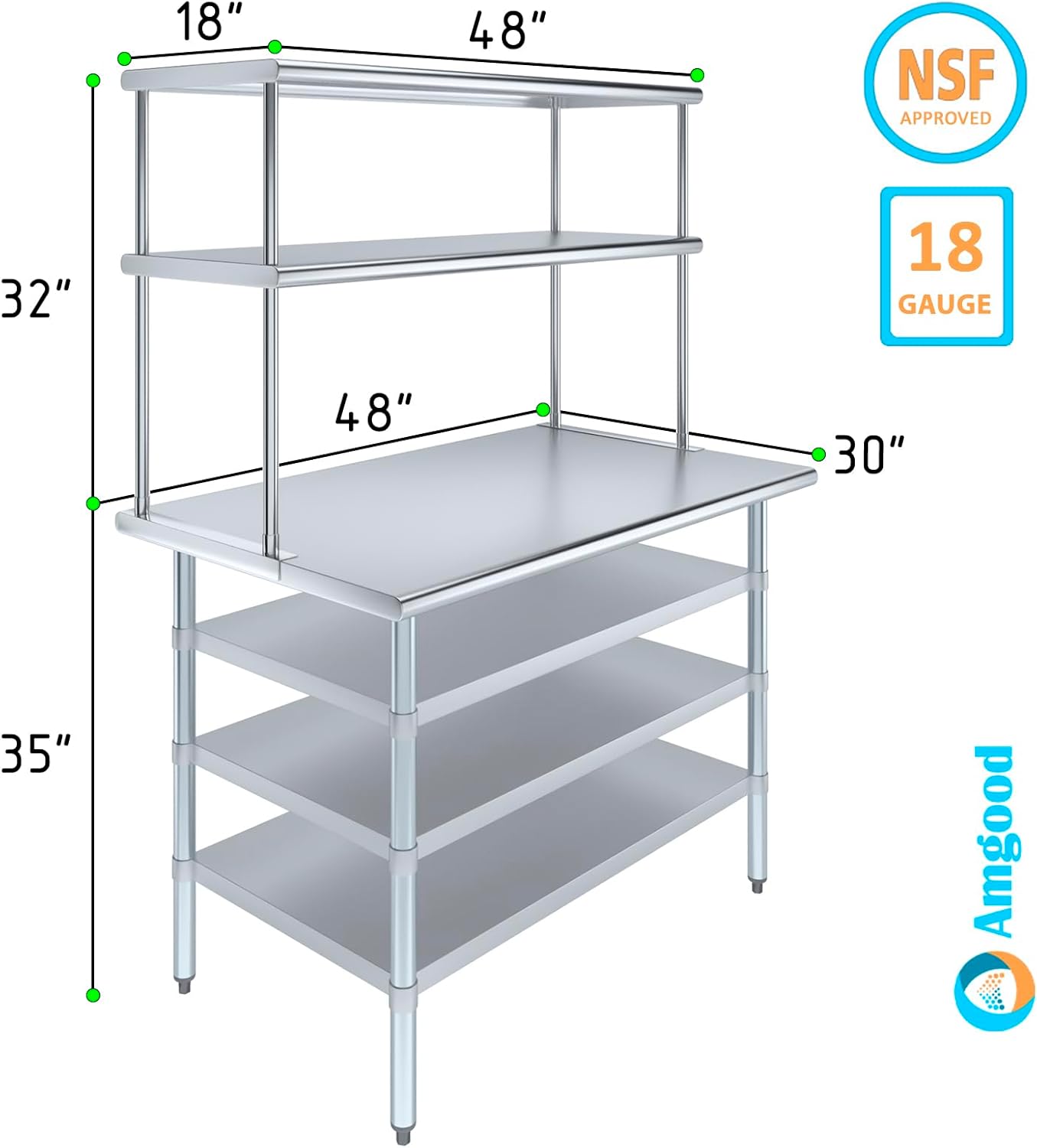 Amgood 30" x 48" Stainless Steel Work Table with 3 Shelves and 18" Wide Double Tier Overshelf | Metal Kitchen Prep Table & Shelving Combo | NSF