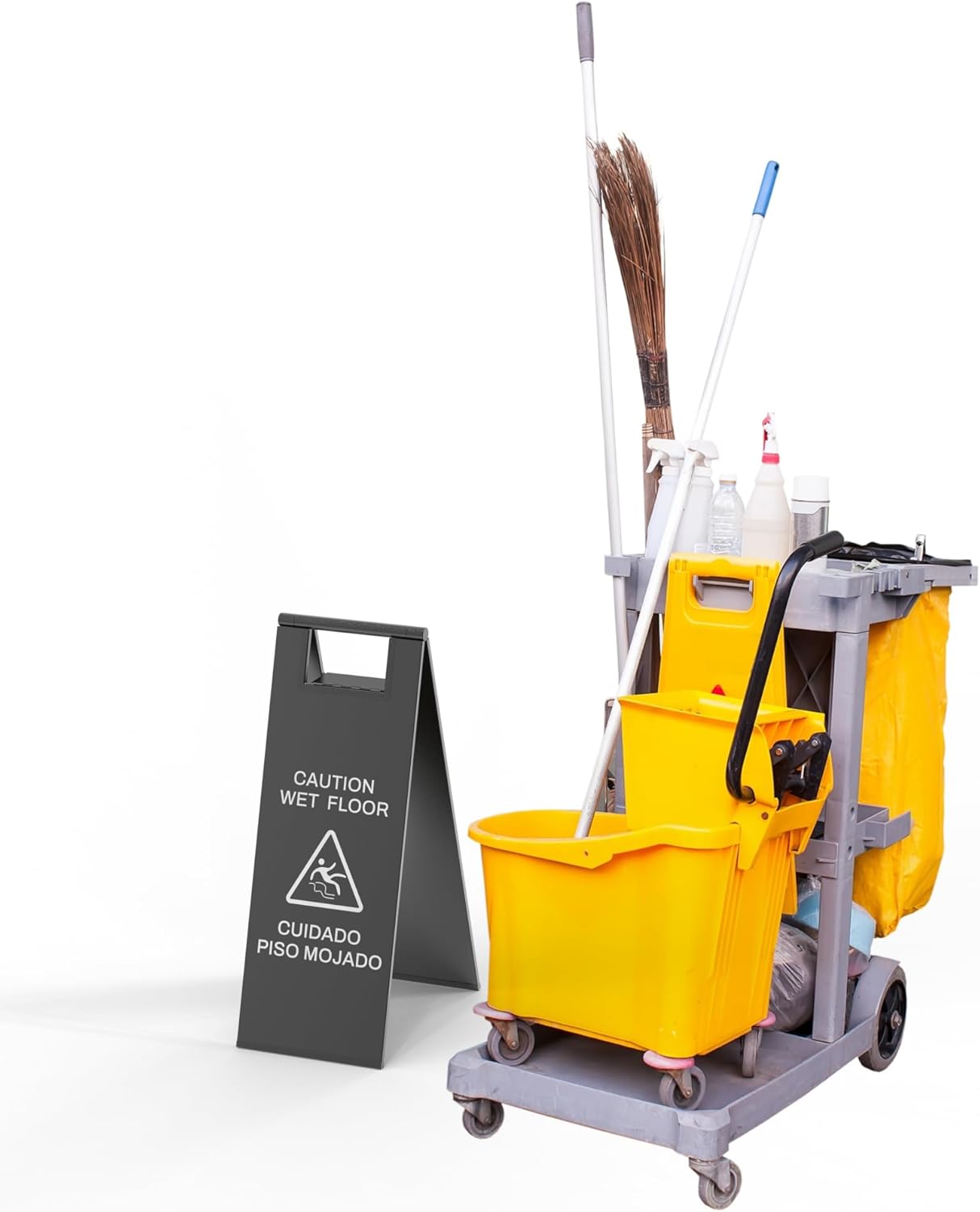 Stainless Steel Wet Floor Sign 2 Pack, 24 Inch Double-Sided Foldable Caution Sign with Handle, 8.8 lb Bilingual Warning for Restaurant, Office, Commercial Cleaning Use, Black