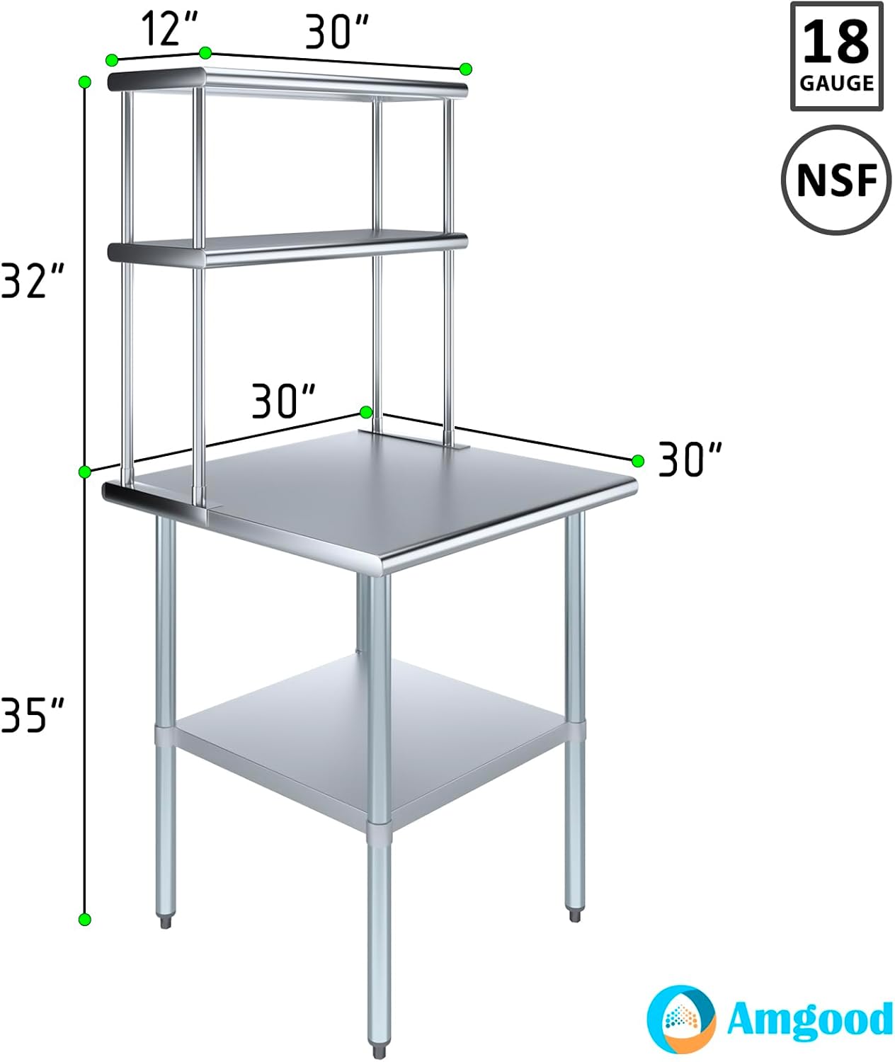 Amgood Stainless Steel Work Table Double Tier Overshelf | Metal Kitchen Prep Table & Shelving Combo (30" x 30" Work Table + 12" Overshelf)