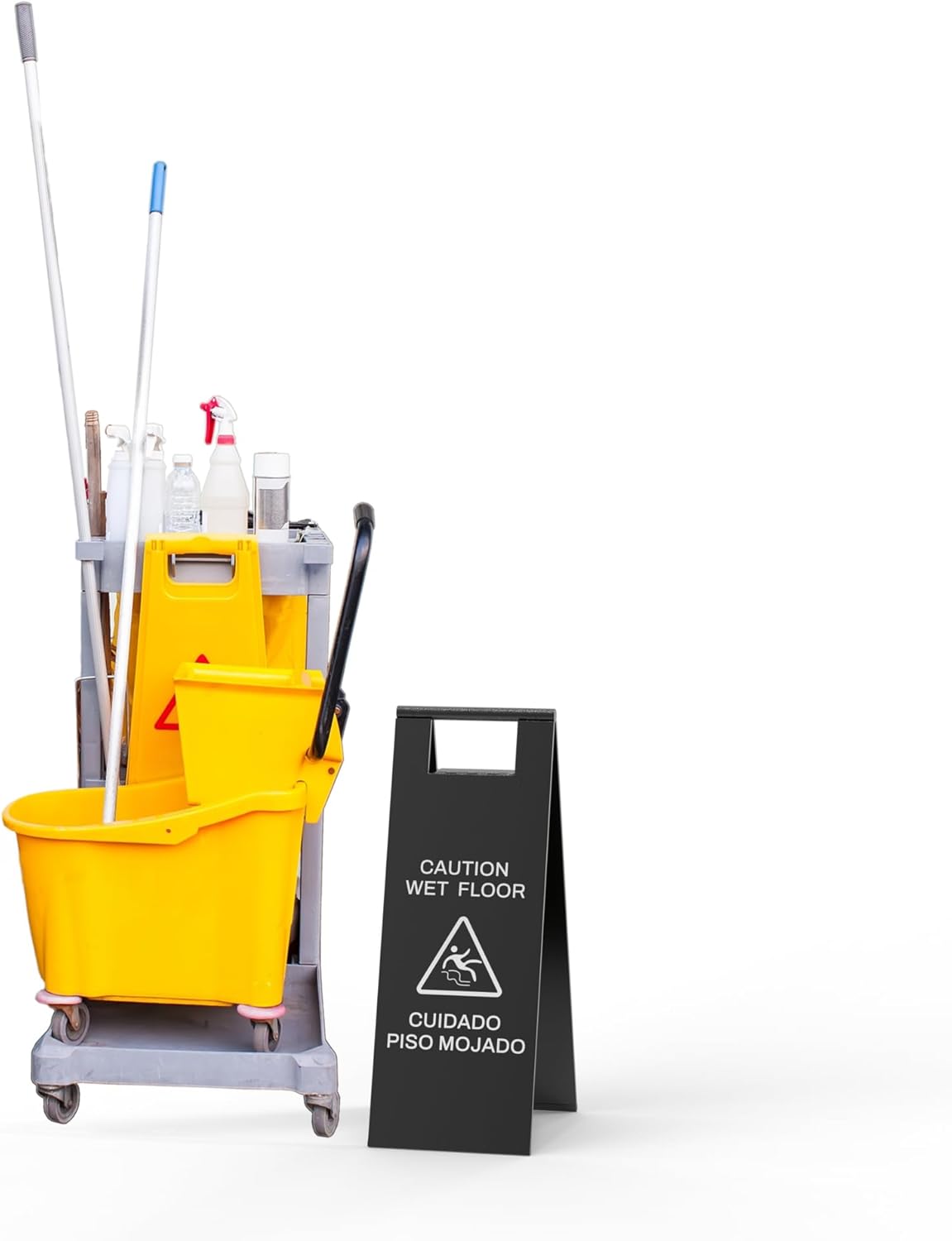 Stainless Steel Wet Floor Sign 2 Pack, 24 Inch Double-Sided Foldable Caution Sign with Handle, 8.8 lb Bilingual Warning for Restaurant, Office, Commercial Cleaning Use, Black