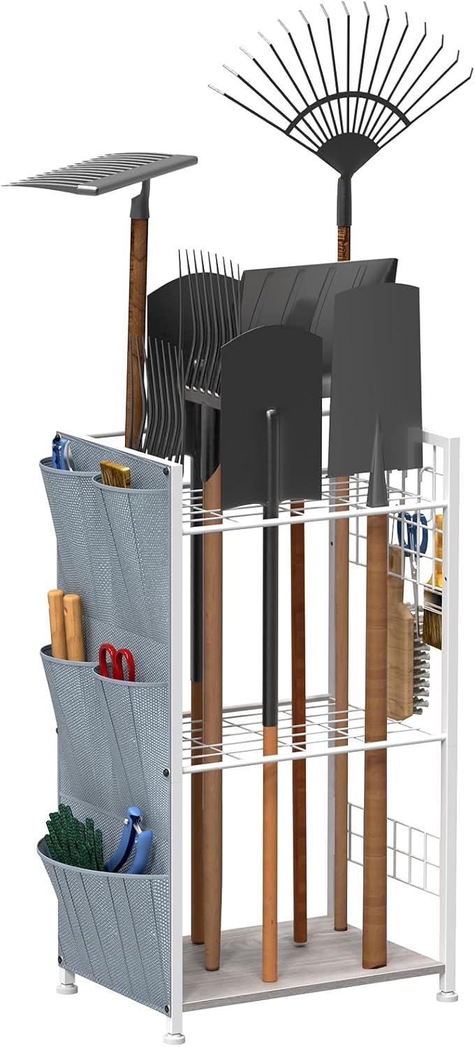 YBING Garden Tool Organizer, Yard Tool Stand with Side Storage Pockets, Yard Tower Rack for Garage Storage, Freestanding Tools Organizers and Storage for Shed, Gray