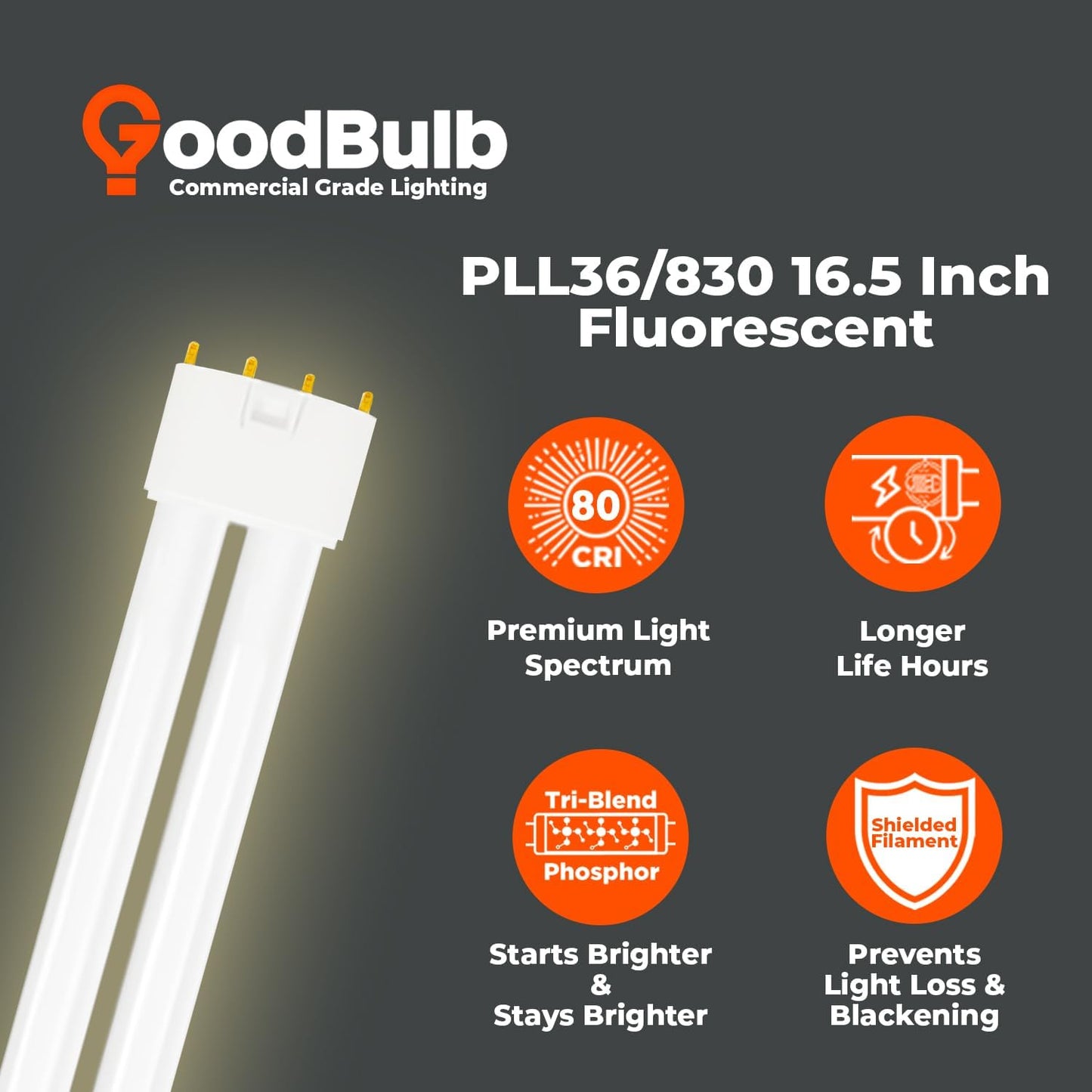 GoodBulb PLL36/830 36W 16.5" Twin Tube Compact Fluorescent Light Bulb 4-pin 2G11 Base 3000K Soft White 2400 Lumen 36000 Hour Long Life Biax Pack of 10