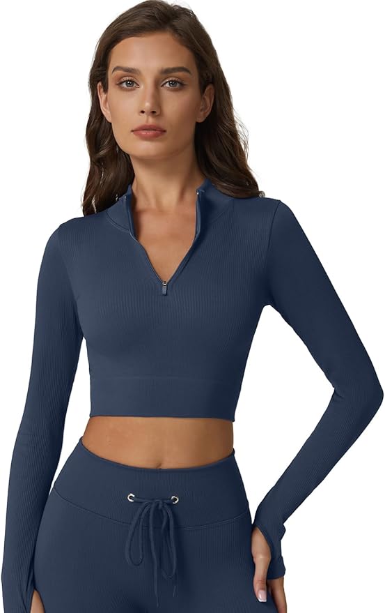 QINSEN Workout Sets for Women 2 Piece Seamless Long Sleeve Crop Tops Ribbed High Waist Leggings