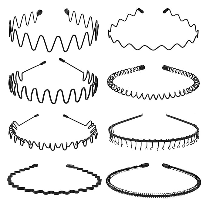 Metal Headband for Men, Unisex Black Wavy Spring Hair Band, Zig Zag Hair Dand, Fashion Elastic Hair Accessories, Multipack Options Available（8pcs）