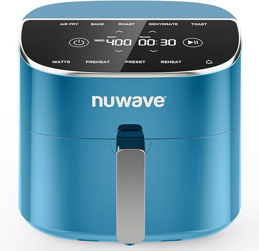 Nuwave Brio Plus 8 Qt Air Fryer, PFAS Free, New & Improved, Digital Touch Screen, Cool White Display, 50°F~400°F in Precise 5°, 5 Cook Functions, 100 Presets & 50 Memory, 3 Wattages 700, 1500, 1800