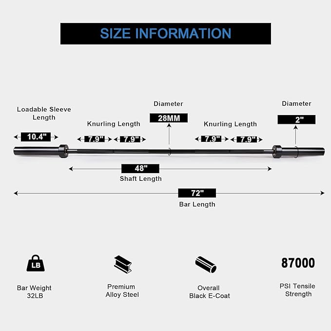 LIONSCOOL Premium 4ft/4.9ft/6ft Barbell for Strength Training and Olympic Weightlifting, 2 Inch Bar for Squats, Curls, Deadlifts, Presses, Hip Thrusts, 350lbs/500lbs/700lbs Weight Capacity