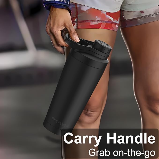 Stainless Steel Shaker Bottle with Noise-Free Design - Patented 24 oz Insulated Metal Shakers Bottles Cup for Protein Mixes and Pre Workout 100% Leak Proof (Black)