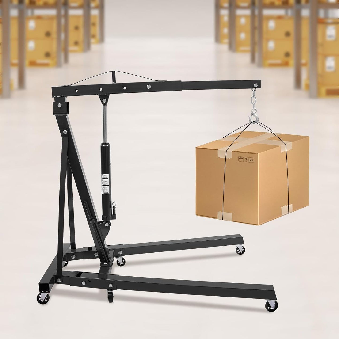 Folding Engine Crane 1 Ton Folding Engine Hoist 2200lbs Hydraulic Crane with 6 Iron Caster Wheels for Garage, Workshop (Black)