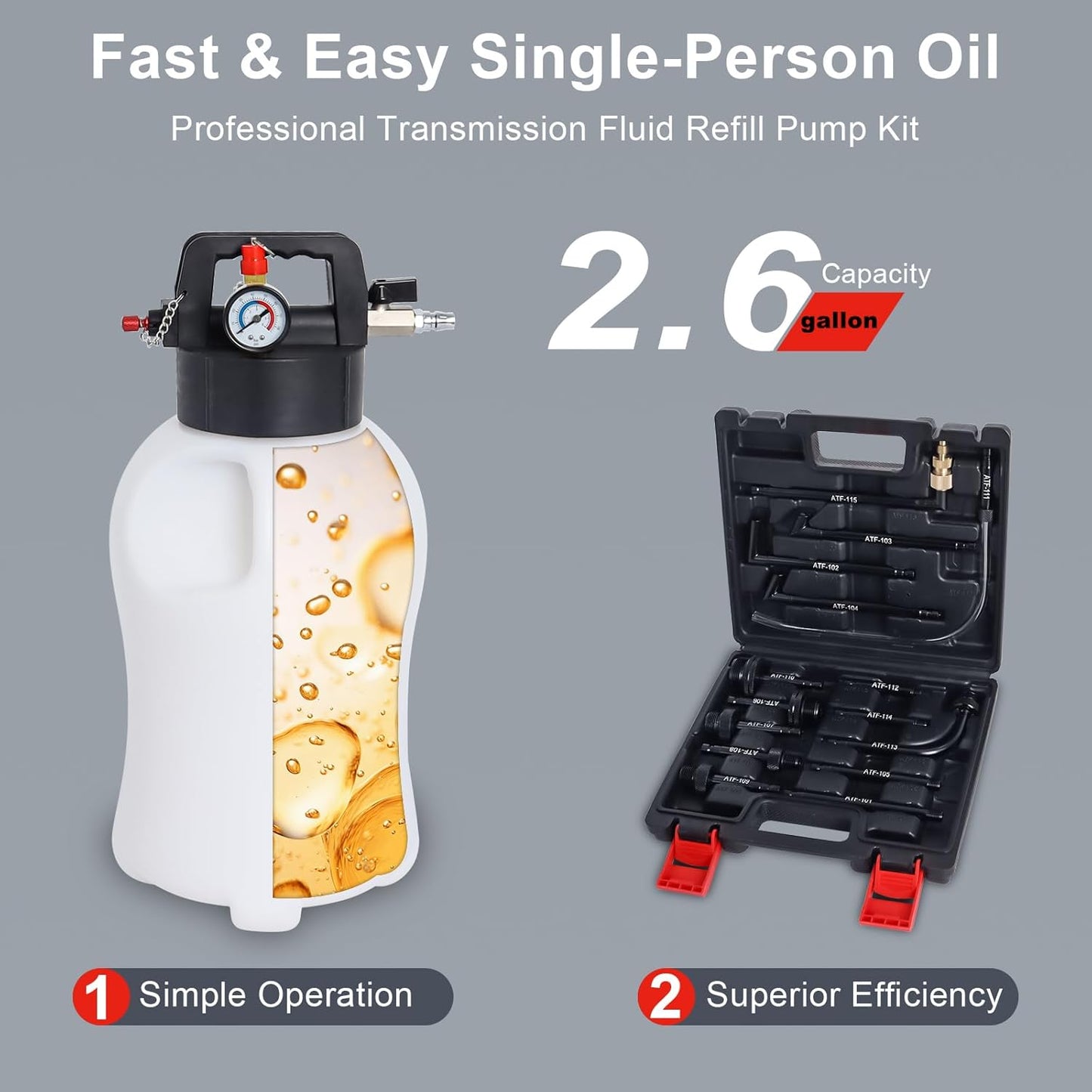 Transmission Fluid Pump Pneumatic Extractor and Dispenser Tool Kit, 8L ATF Fill and Evacuator Oil Can Set with 15PCS ATF Adapters 3PCS 1M Transmission Oil Hose for Garage and Shop Fluid Transfer