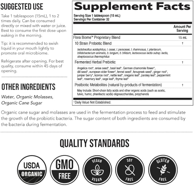 Flora Biome - Live Probiotic, Prebiotic, & Postbiotic – Organic Live-Culture – 10 Probiotic Strains, 18 Fermented Herbs - Complete Gut Health & Microbiome Optimizer (16 oz)