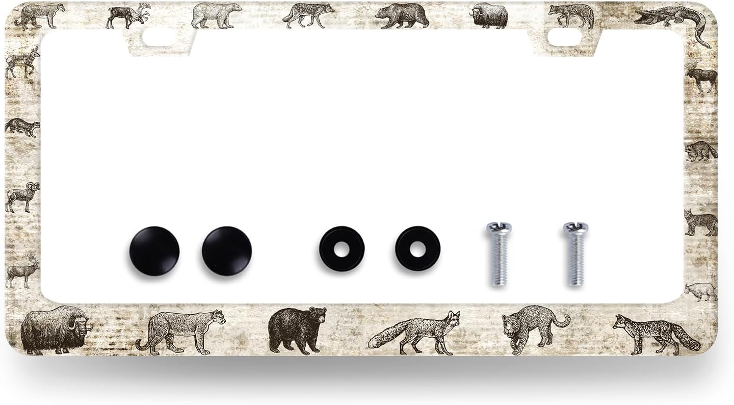 Animals License Plate Frame Bear Deer Horse Tiger License Plate Holder Stainless Steel Funny Design with 2 Holes and Screws 12.3" x 6.3"