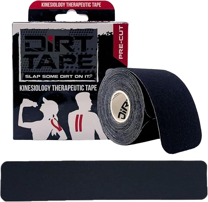 DIRT Tape-Pre Cut Athletic Kinesiology Tape-Muscle Pain Relief & Joint Support-Premium Elastic Cotton-Latex-Free-Water Resistant-Gym, Indoor & Outdoor Sports-Single Roll (16.4 ft)- Black