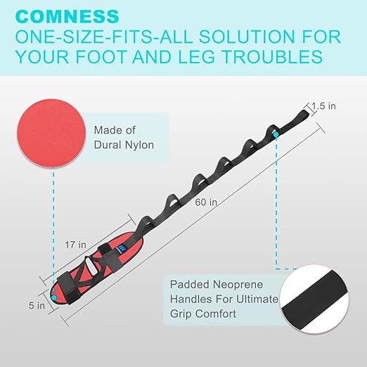 Foot and Calf Stretcher-Stretching Strap For Plantar Fasciitis, Heel Spurs, Foot Drop, Achilles Tendonitis & Hamstring. Yoga Foot & Leg Stretch Strap. (Red)