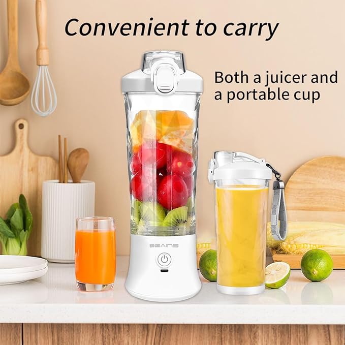 Portable Blender, Personal Blender for Shakes and Smoothies with 20 Oz Travel Cup and Lid, Mini Personal Size Blender with 6 Blades and USB Rechargeable for Gym, Kitchen and Outdoors (White)