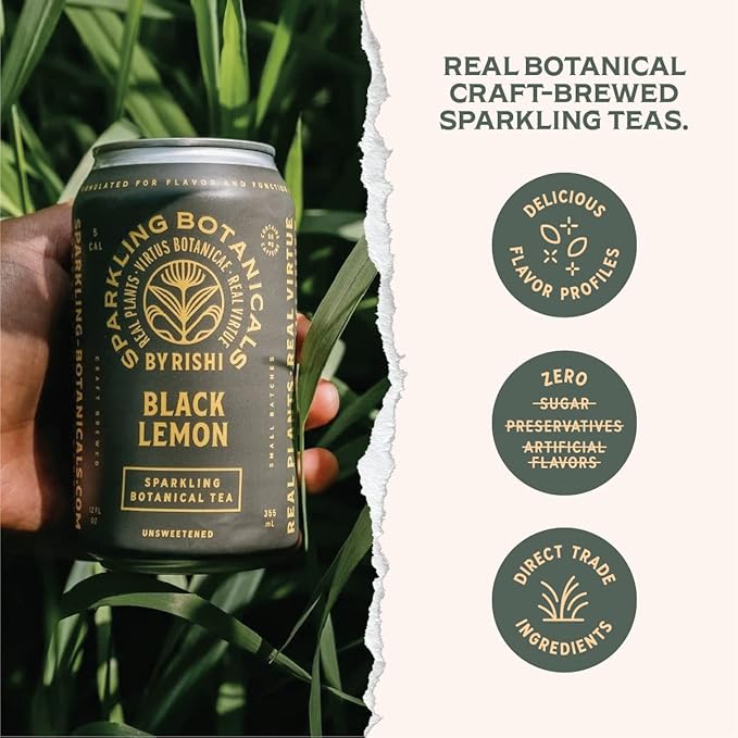 Rishi Tea Black Lemon Sparkling Botanicals Sparkling Water - Organic, Unsweetened, Zero Added Sugar, Caffeinated, Craft-Brewed From Real Plants - 12 oz (Pack of 12)