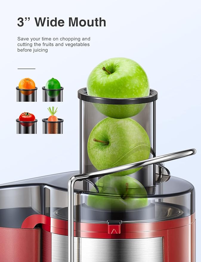 Qcen Juicer Machine, 500W Centrifugal Juicer Extractor with Wide Mouth 3” Feed Chute for Fruit Vegetable, Easy to Clean, Stainless Steel, BPA-free (Black) (Red)