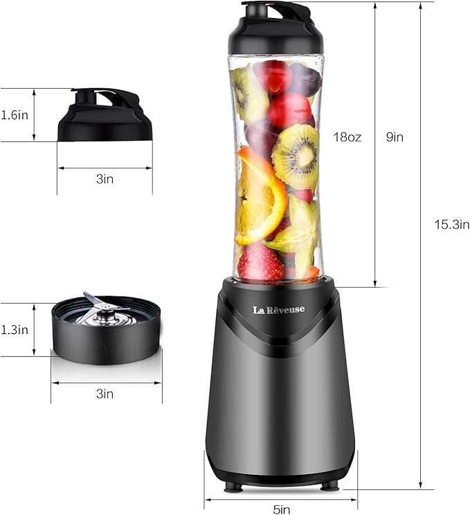 La Reveuse Smoothie Blender Personal Size 300 Watts with 2 Pieces 18 oz BPA-Free Travel Sports Bottles,Grey