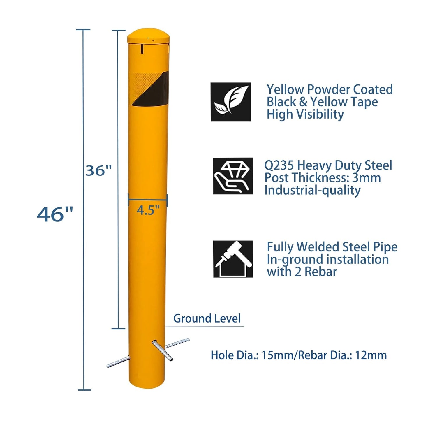 46" High Pour in Place Steel Bollard Post with Removable Cap, 4-1/2" OD Safety Bollard Yellow Powder Coat, Metal Bollard Parking, Door Front Barrier